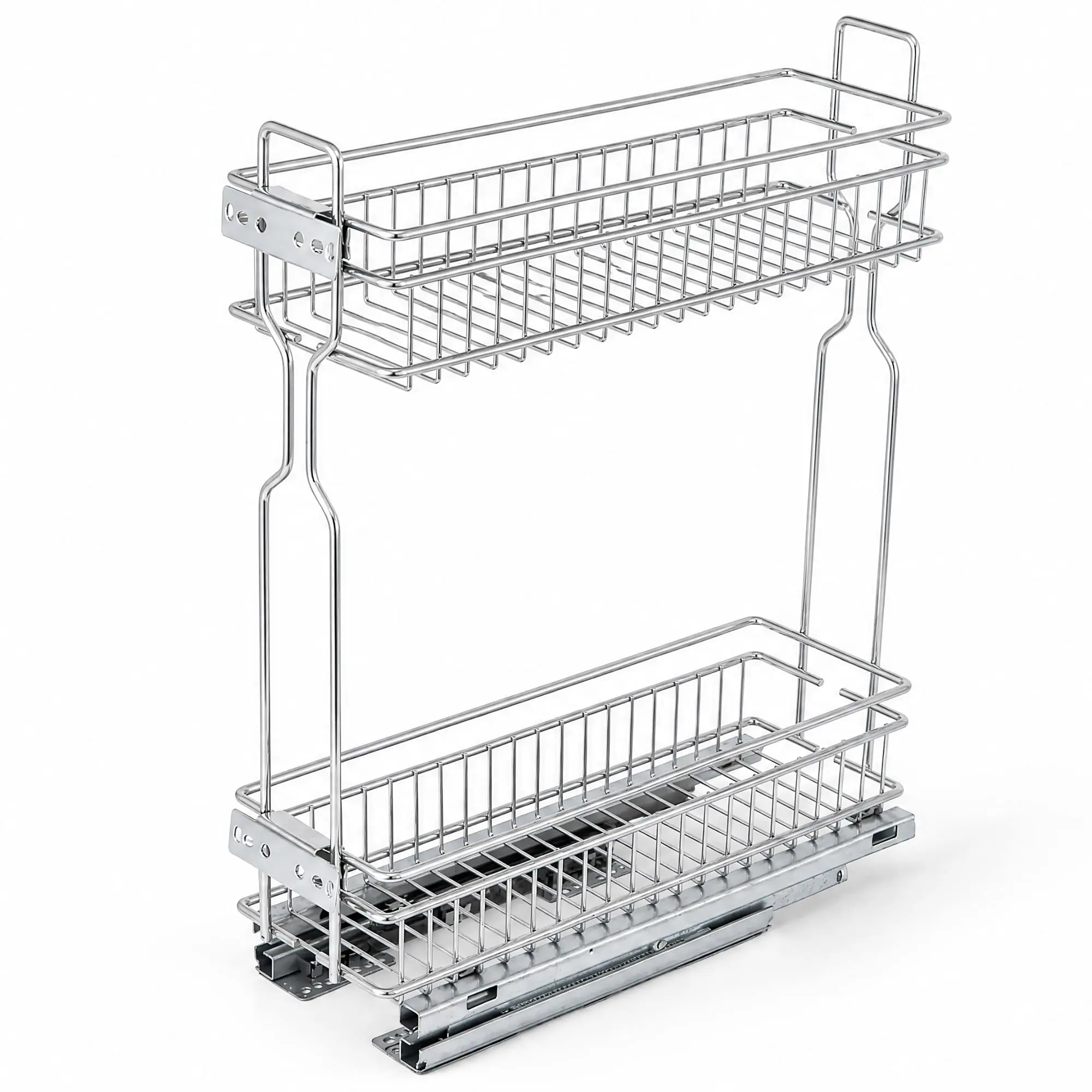 Heavy Duty 2-Tier Pull-Out Cabinet Organizer - Chrome Slide-Out Spice Rack For Frameless Kitchen Cabinets - Full Extension Ball Bearing Glides