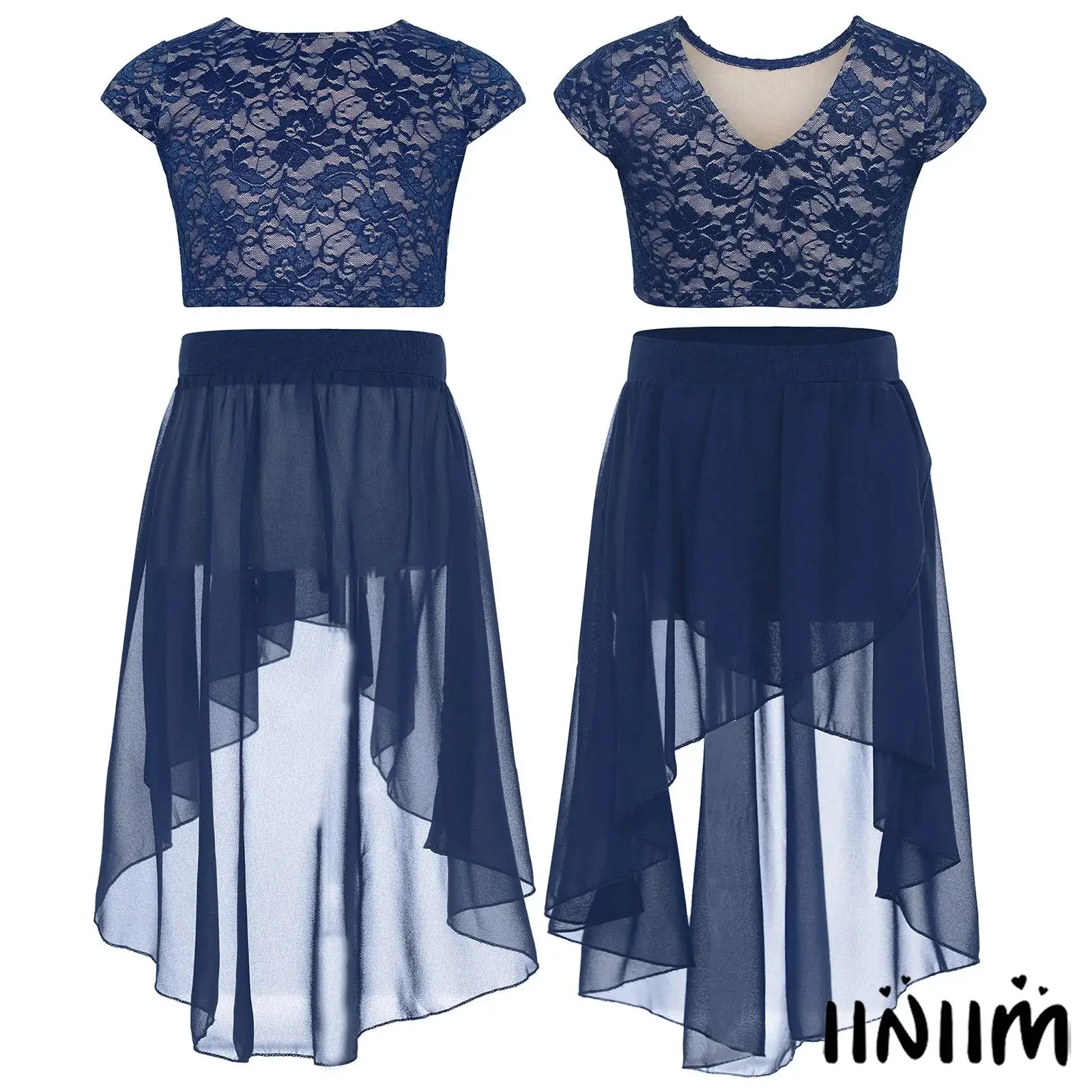 

Elegant Floral Lace Dance Dress Set for Kids Girls Round Neck V-Back Crop Top with High-Low Hem Lyrical Performance Skirt