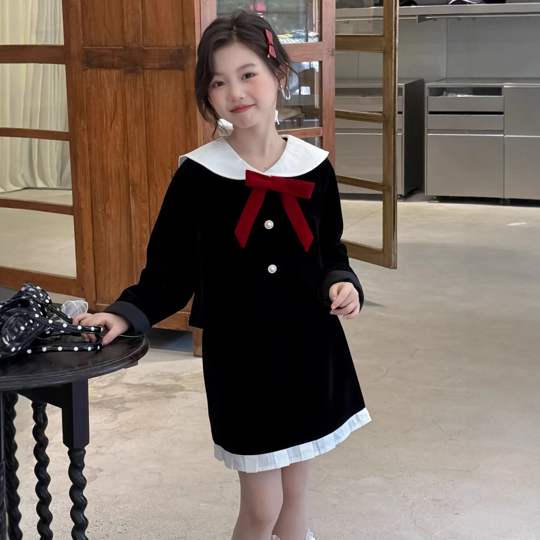 

Girls Patchwork Coat 2025 Spring Autumn New Preppy Style Bow Long Sleeve Short Coat Children Clothing