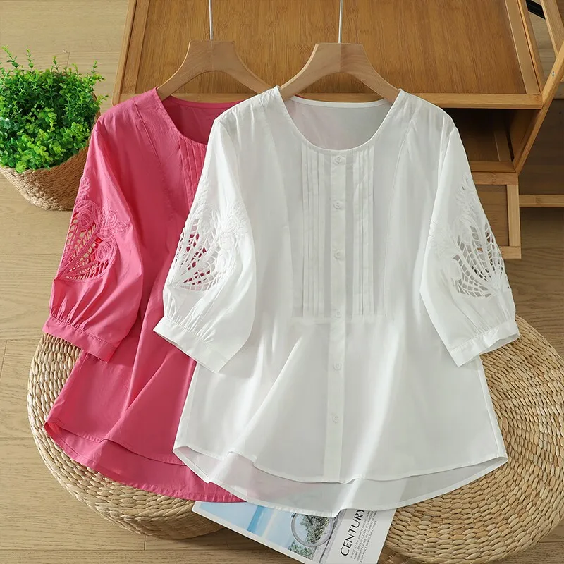 Harajuku Hotsweet Pink Cotton Cutwork Embroidery Blouse O-neck Pleated Button Front 3/4 Puff Sleeve Loose Summer Casual Shirts