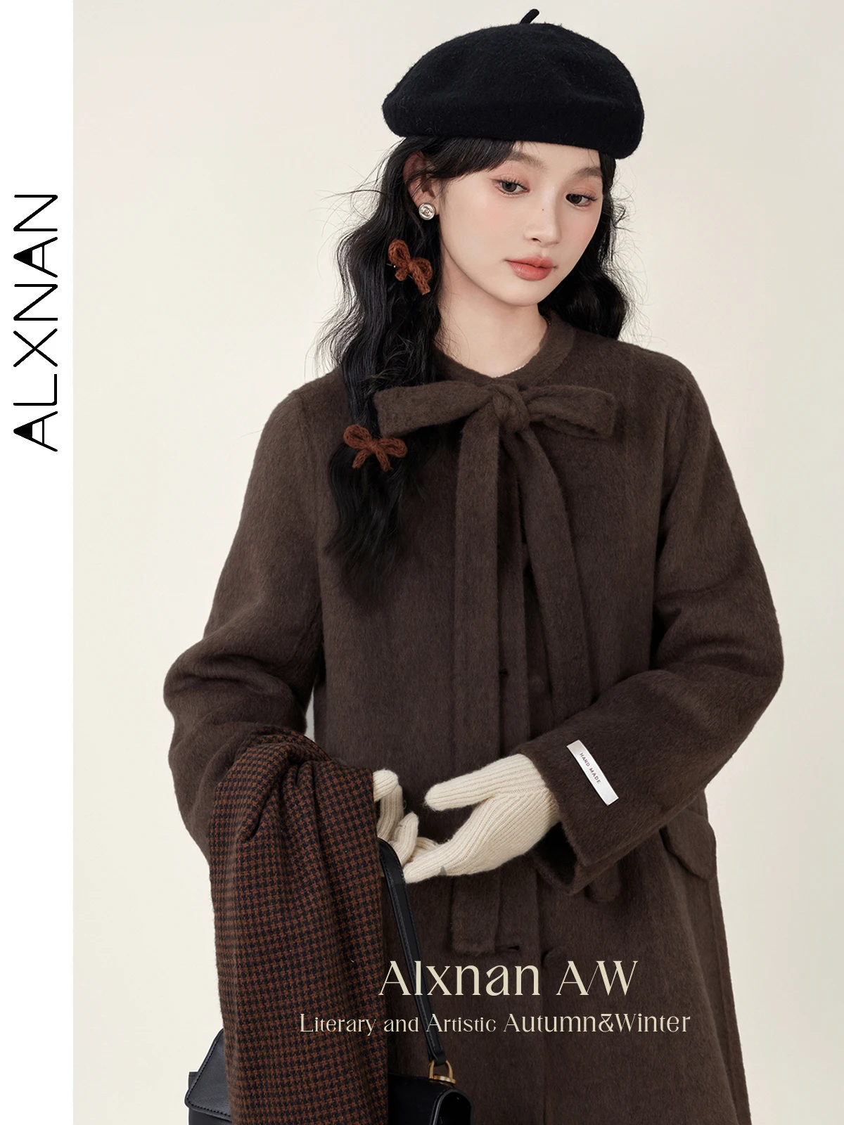 

ALXNAN Woolen Coat for Women Brown Long Double-sided Woolen Outerwears 2025 Autumn Winter Elegant Office Lady Overcoat L51007