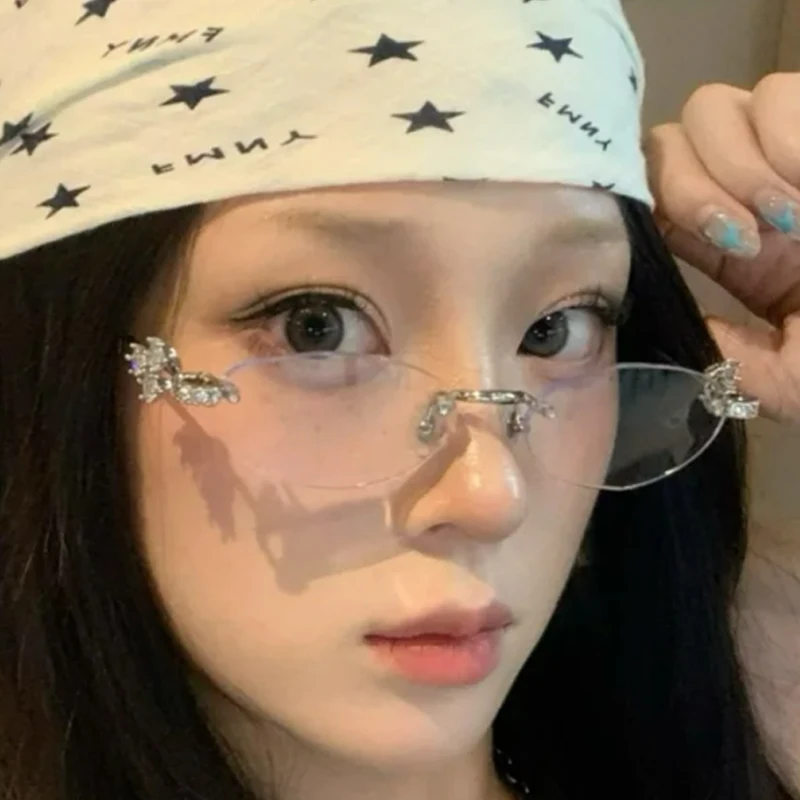 Oval Rimless Diamond Shades Glasses Exquisite Luxury Women Sunglasses Fashion Personality Cut Edge Frameless Small Sun Glasses