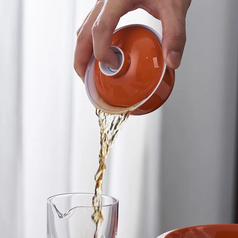 Glaze White Ceramic Lidded Bowl Persimmon Red Handmade Kung Fu Three Pieces Tea Making Porcelain Set Ceremony Drinking Cup