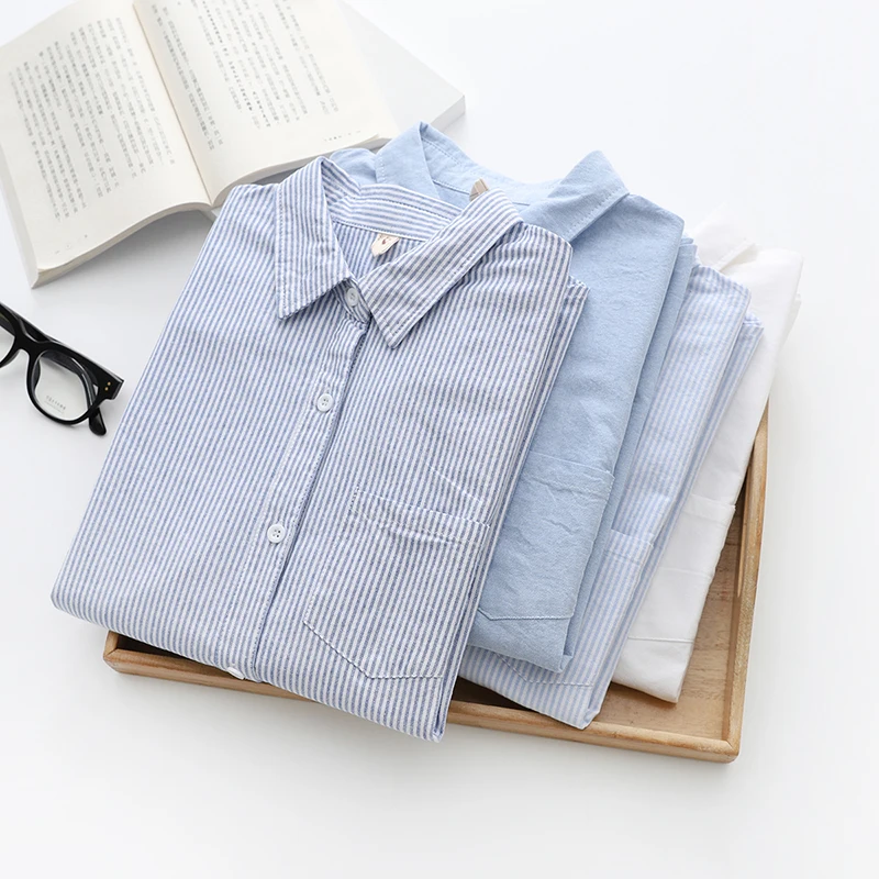 Casual Cotton Women\'s Oxford Shirt 2024 Autumn New Good Quality Woman Blouse and Tops Lady White Blue Striped Shirts Clothes