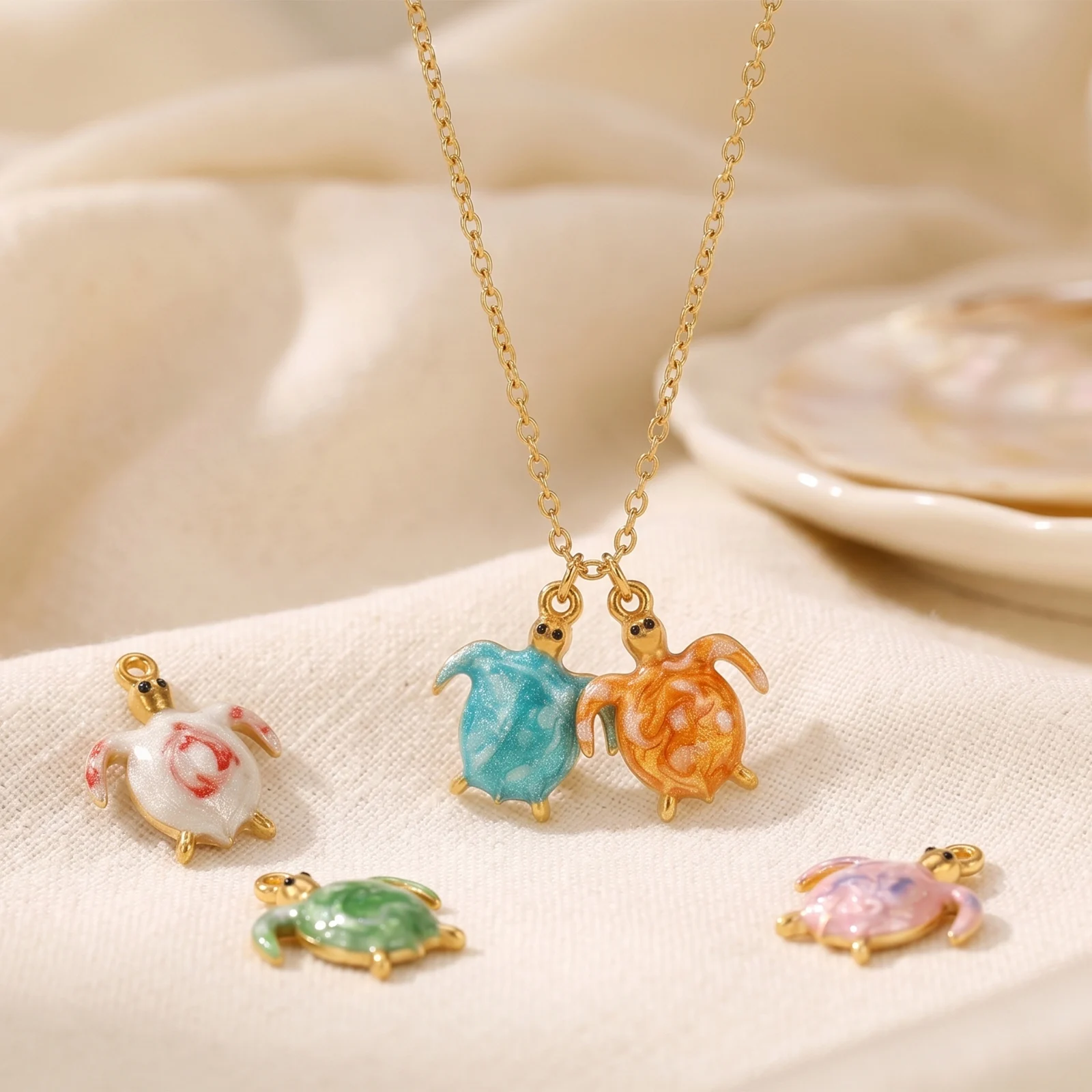 2pcs Mini 304 Stainless Steel Ocean Tortoise Enamel Charms 18K Gold Plated Pearlized Multicolor Pendants DIY Necklace Jewelry