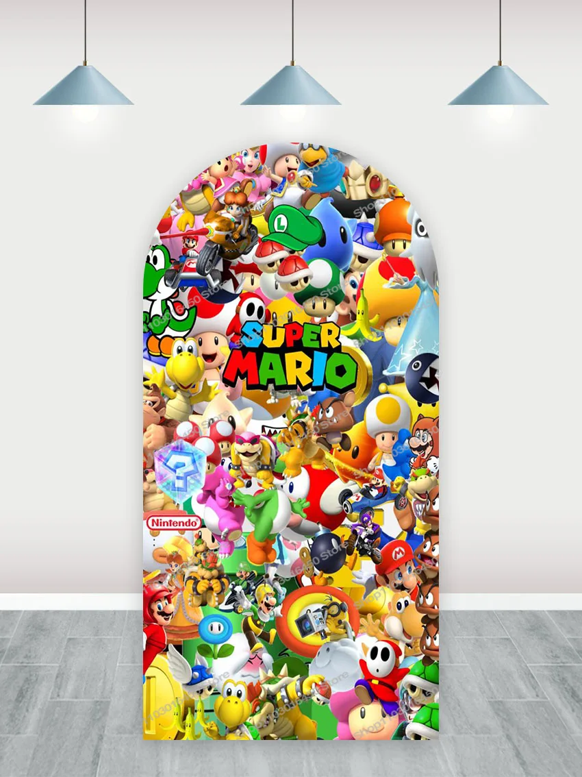 Telón de fondo de arco de Super Mario Brothers para niños, decoración de fiesta de cumpleaños, Fondo de fotografía, accesorios de estudio de poliéster