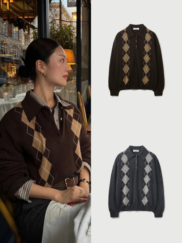 

East Gate Diamond id вязаный свитер с отложным воротником, женский свободный длинный топ для похудения в стиле ретро