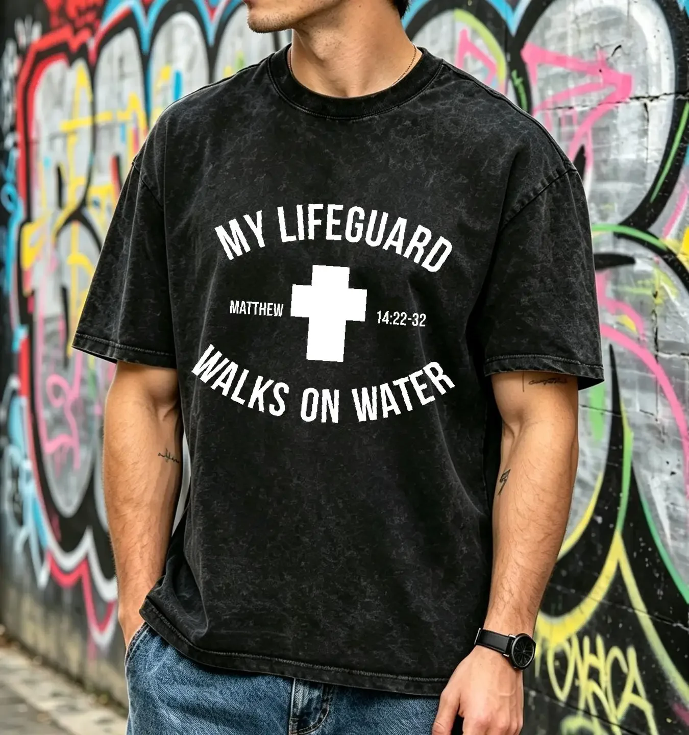 washed T Shirt My Lifeguard Walks on Water Matthew 14 22 32 Jesus Cross vintage Washed homme designer clothes streetwear