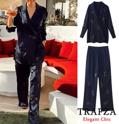 TRAFZA Elegant Sequined Lace-up Satin Top Set Women New 2024 Spring Fasion Holiday Loose Pant Set Lapel Loose Shirt and Pant