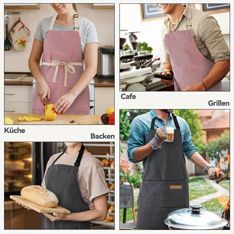 1pc Unisex Black and White Striped Cotton Adjustable Apron with Pocket - Comfortable, Durable, and Stylish Cooking Apron for Wom