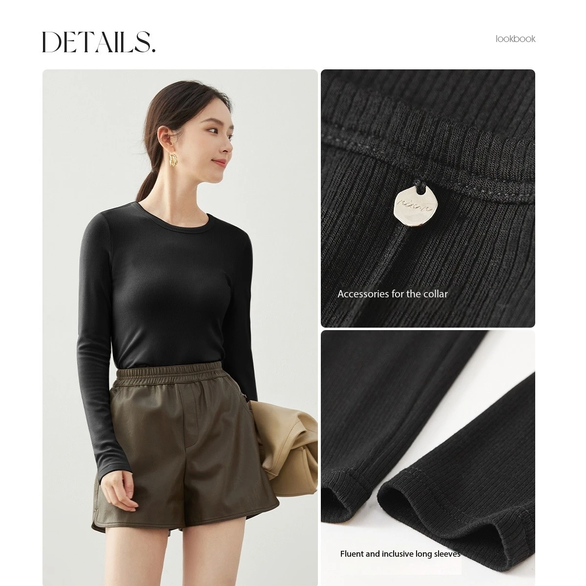 เสื้อยืด SENTUBILA รุ่น Simple Basics สำหรับผู้หญิง ฤดูใบไม้ผลิ/ฤดูใบไม้ร่วง ปี 2025 สีดำ ผ้าถัก แขนยาว เสื้อสวมหัว เสื้อยืด เสื้อผ้าผู้หญิง รุ่น 143T56855