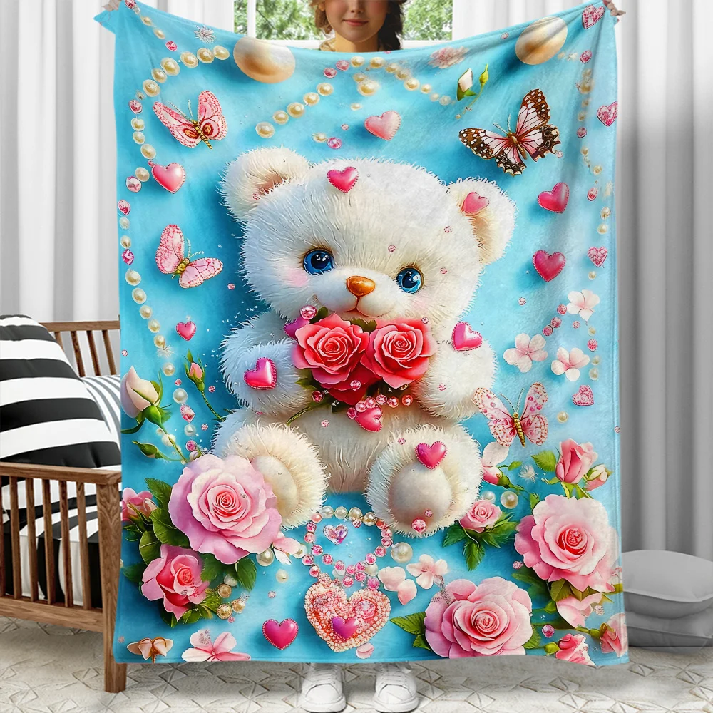 Cute teddy bear holding roses hearts butterflies floral blue background flannel blanket soft cozy love theme blanketforgirlsgift