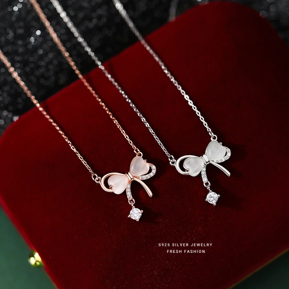 

Корейское ожерелье из стерлингового серебра 925 пробы с бантом в форме сердца, сверкающие бриллианты, камень «кошачий глаз», легкий роскошный кулон на день Святого Валентина