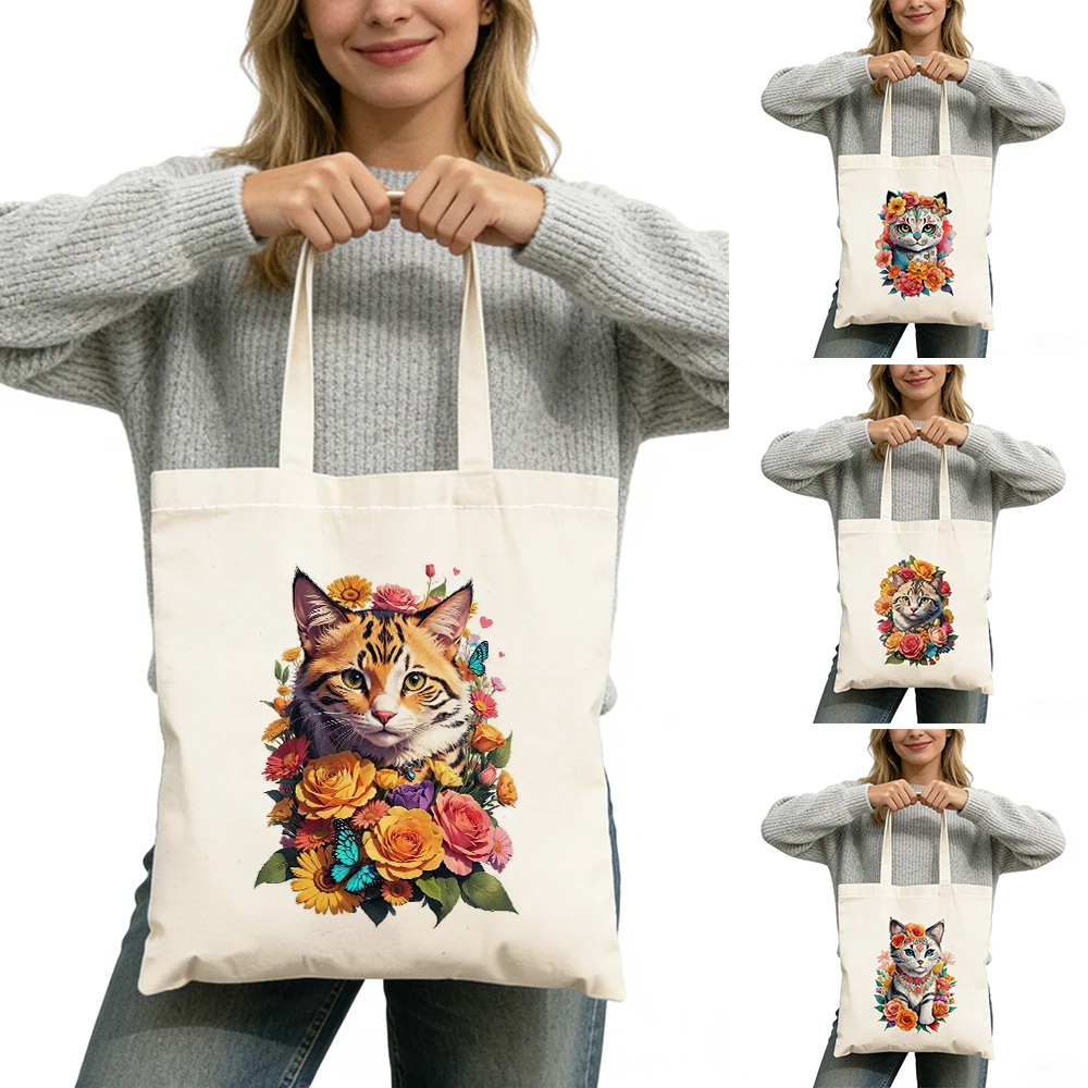 

Cartoon Artistic Print Lady Shopping Tote Bag Floral Cat Design Women Large Capacity Satchel Butterfly Girl Shopper Bags 40x45cm