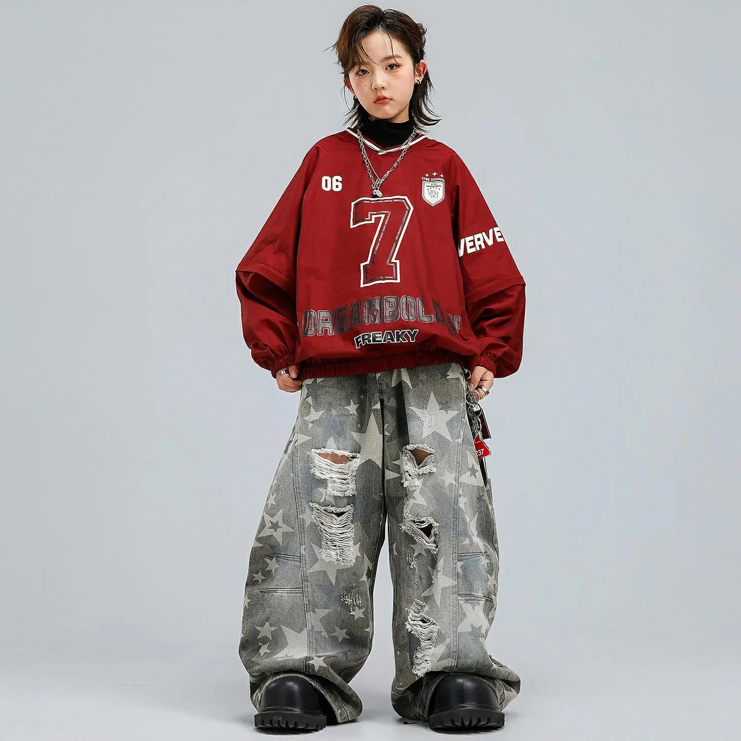 

Kid Kpop Hip Hop Clothing Wine Red V Neck Sweatshirt Stars Print Ripped Baggy Pants for Girl Boy Street Dance Costumes Clothes