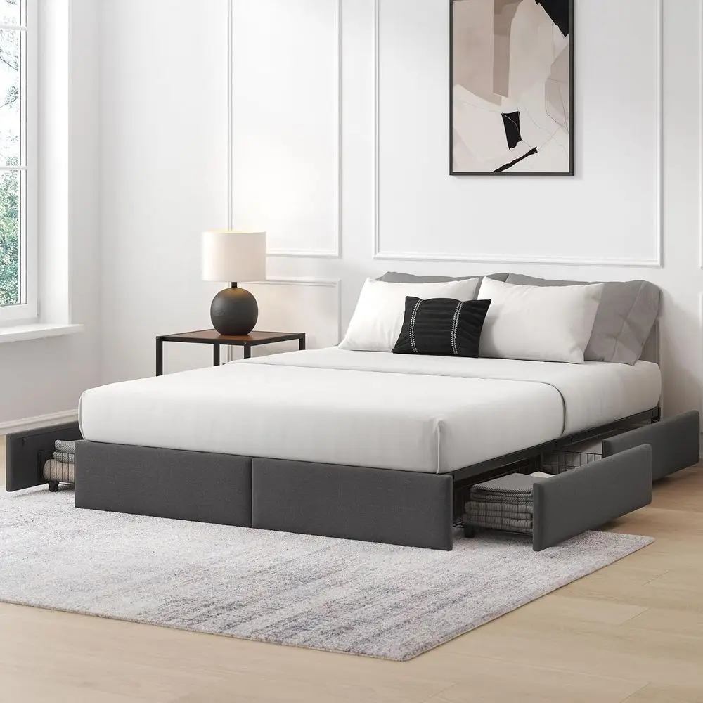 Zinus Maya Platorm ed e, our Undered StoraDers, Queen | cure Locking Ders, ern Upholstered , Minimalist Design, Straightorward A