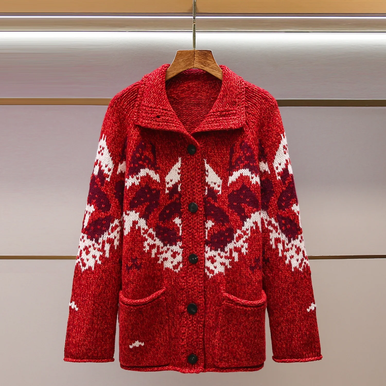 

Элитный зимний вязаный свитер-пальто Cisas Fair Isle красного цвета для женщин, винтажный, стандартный крой, средней мягкости, с длинными рукавами