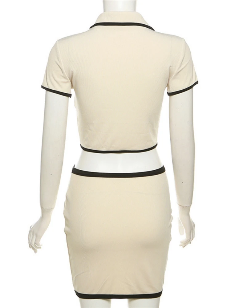 Contrast Color Binding Sexy Two Piece Set Women Summer Dress Turn-Down Collar Crop Top Mini Skirt Buttons Y2k Conjuntos De Falda