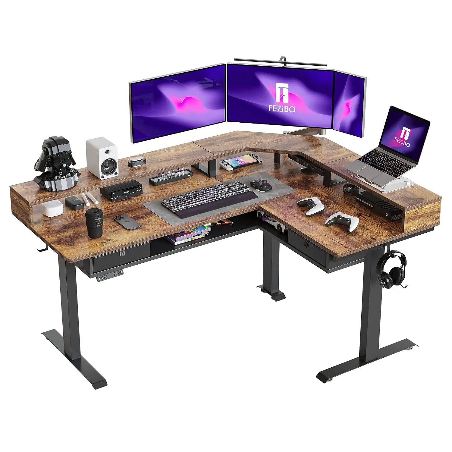 L Shaped Standing Desk LED & 2 Drawers, Storage Shelves, Electric Adjustable, Gaming Office, 63