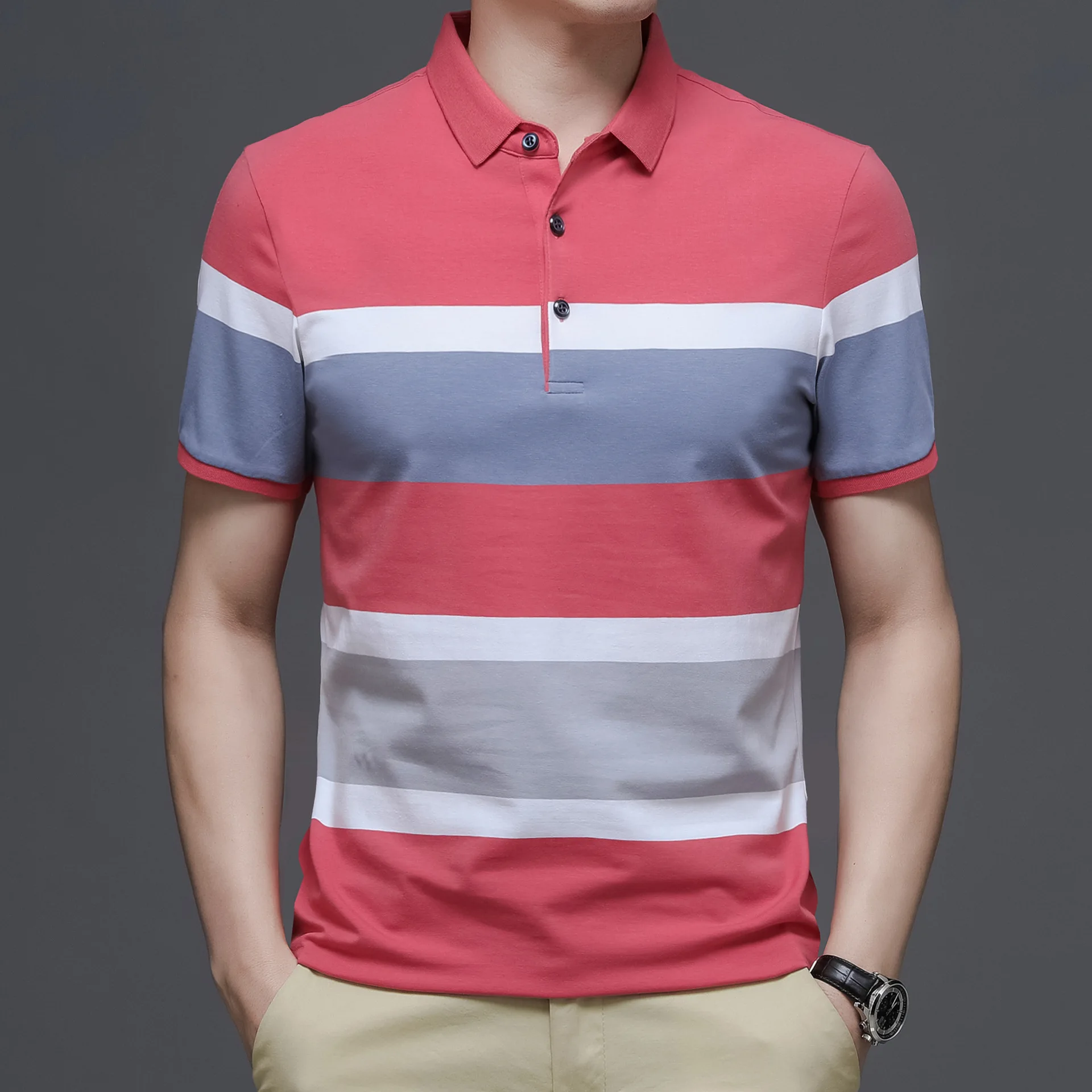 Men\'s Polo T Shirt Business Casual Simple Stripes Print Summer Short-Sleeve Polo Shirt Fashion Street Wear Oversized Clothes