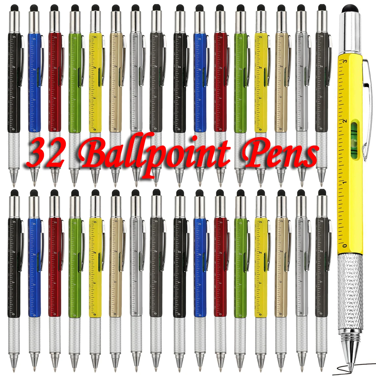 

32pcs 6 in1 Multifunction Ballpoint Pen with Handheld Tool Measure Technical Ruler Screwdriver Touch Screen Stylus Spirit Level