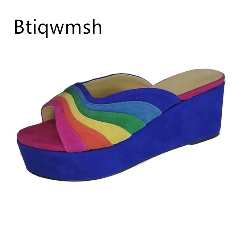 

Универсальные радужные замшевые сандалии на платформе, женские туфли на танкетке с открытым носком, туфли на высоком каблуке, сексуальные шлепанцы-мюли