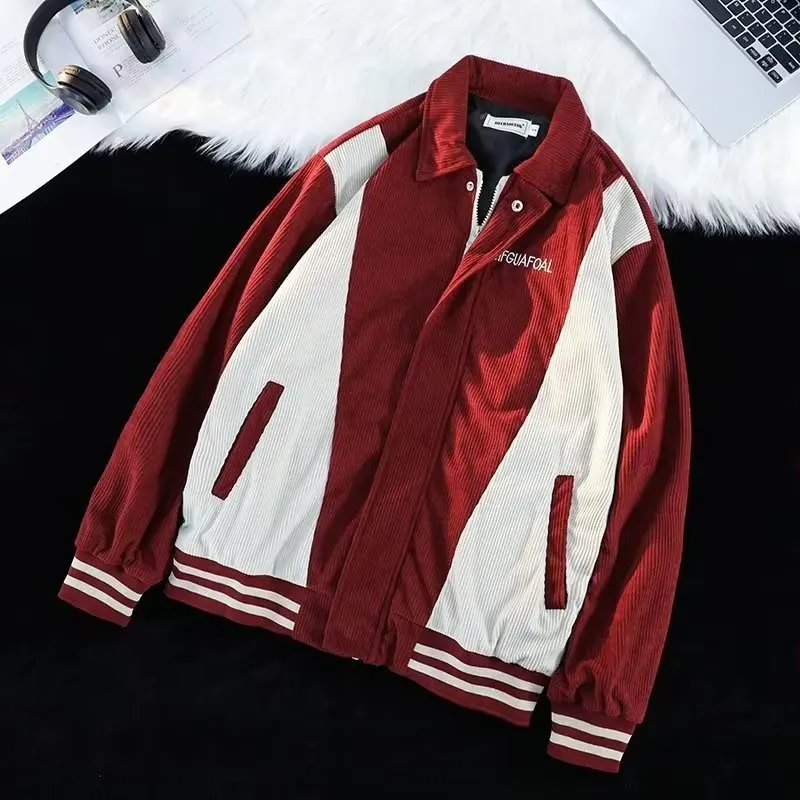 

Осень-зима, мужская повседневная свободная бейсбольная куртка, винтажное вельветовое пальто контрастного цвета, верхняя одежда для пар, молодежная мода