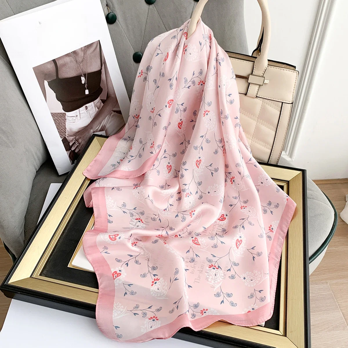 Spring/Summer Concise Floral Print Imitation Silk Hijab Outdoor Breathable Wraps for Women 70*70cm Versatile Print Square Scarf