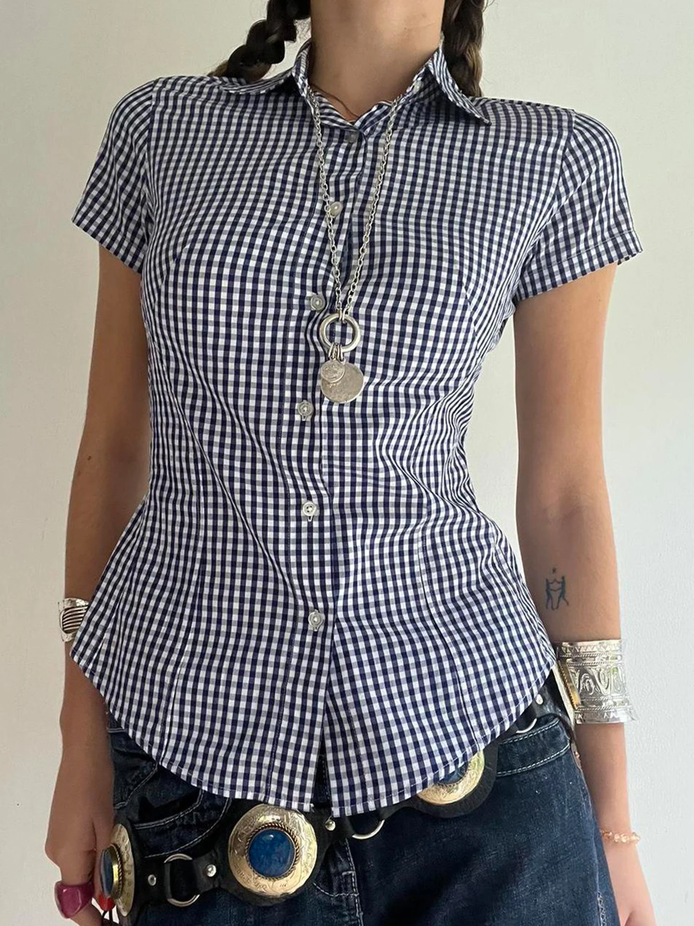 Sweetown American Retro Casual Short Sleeve Plaid Shirts For Women Button Up Turn Down Collar Summer Spring Preppy Tops