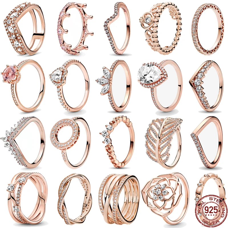 

New Rose Gold Series Ring 925 Sterling Silver Brilliant Crown heart-shaped Ring Light Luxury Fashion Charm Women's Jewelry Gift