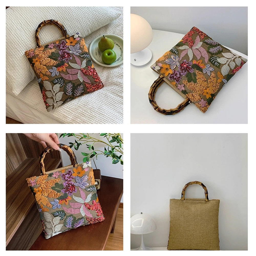 Bamboo Handle Embroidery Shopping Bag Retro Ladies Lace Weaving Tote Colorful Sequins Cotton Linen Woven Handbag with Inner Bags