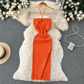 Image YuooMuoo Chic Fashion Sexy Package Hips Split Knitted Summer Dress 2025 Women Slim Elastic Bodycon Party Dress Streetwear Outfit