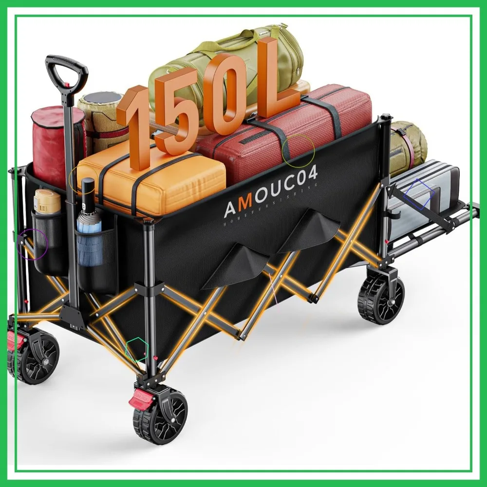Składany wózek transportowy z możliwością rozszerzania przestrzeni do przechowywania, pojemność 150L, idealny na kemping i na zakupy.