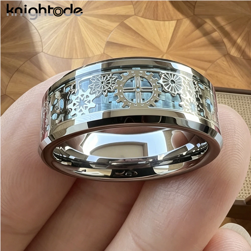 8mm Carbon Fiber Inlay Mechanical Gear Wheel Tungsten Carbide Rings Wedding Band Beveled Edges Polished Comfort Fit