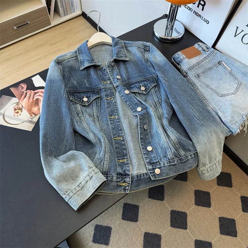 

Vintage Blue Denim Jacket Loose Casual Fashion Frayed Lapel Single-Breasted Long Sleeve Spring Autumn Female Jeans Jacket Coat