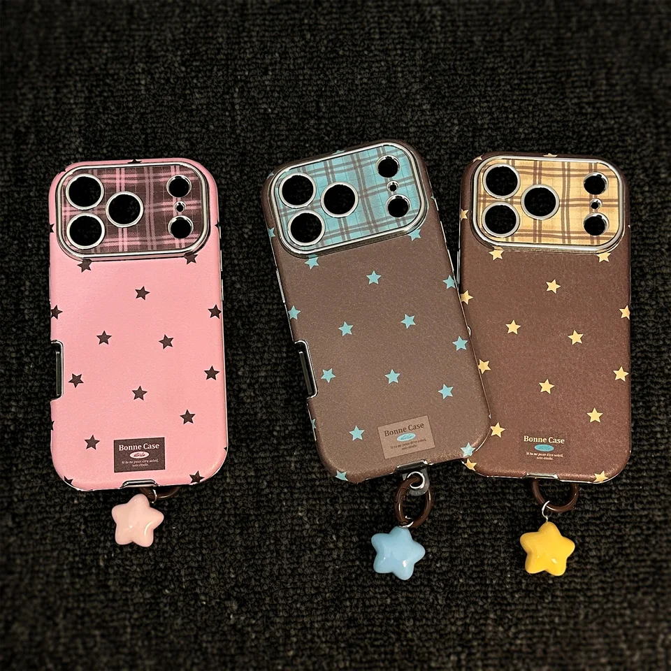Funda retro coreana con estrellas y textura de cuero cromado para iPhone 17 16 15 Plus 14 13 12 11 Pro Max, con colgante, a prueba de golpes 4