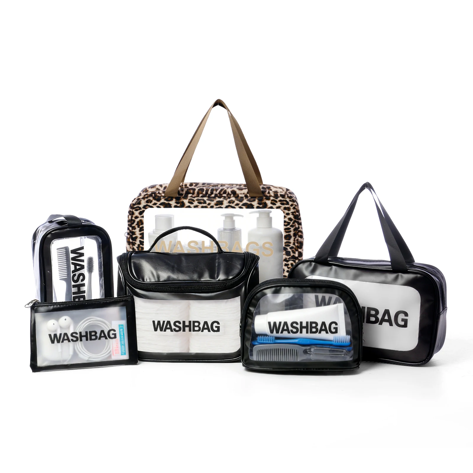 6-Piece Brown Leopard Print Travel Organizer Bag Set, PU & Frosted PVC Cosmetic Toiletry Bags with Zipper Closure for Travel Storage