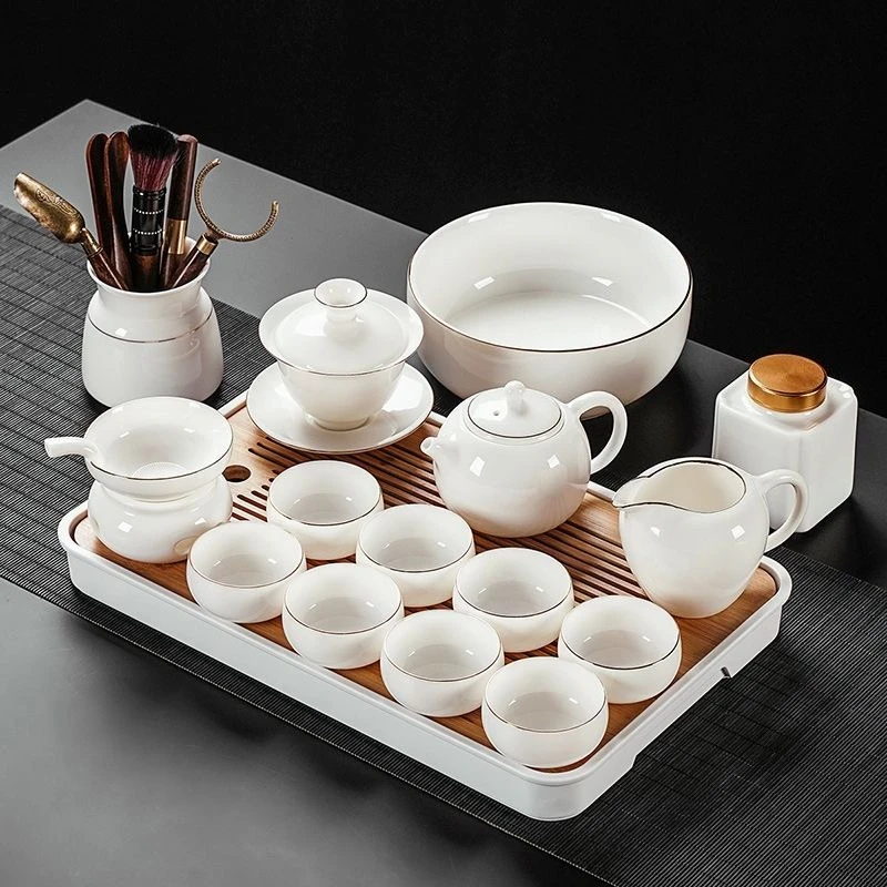 Kung fu tea set the whole kettle set of blue and white porcelain ceramic teapot solid wood tea tray tea ceremony