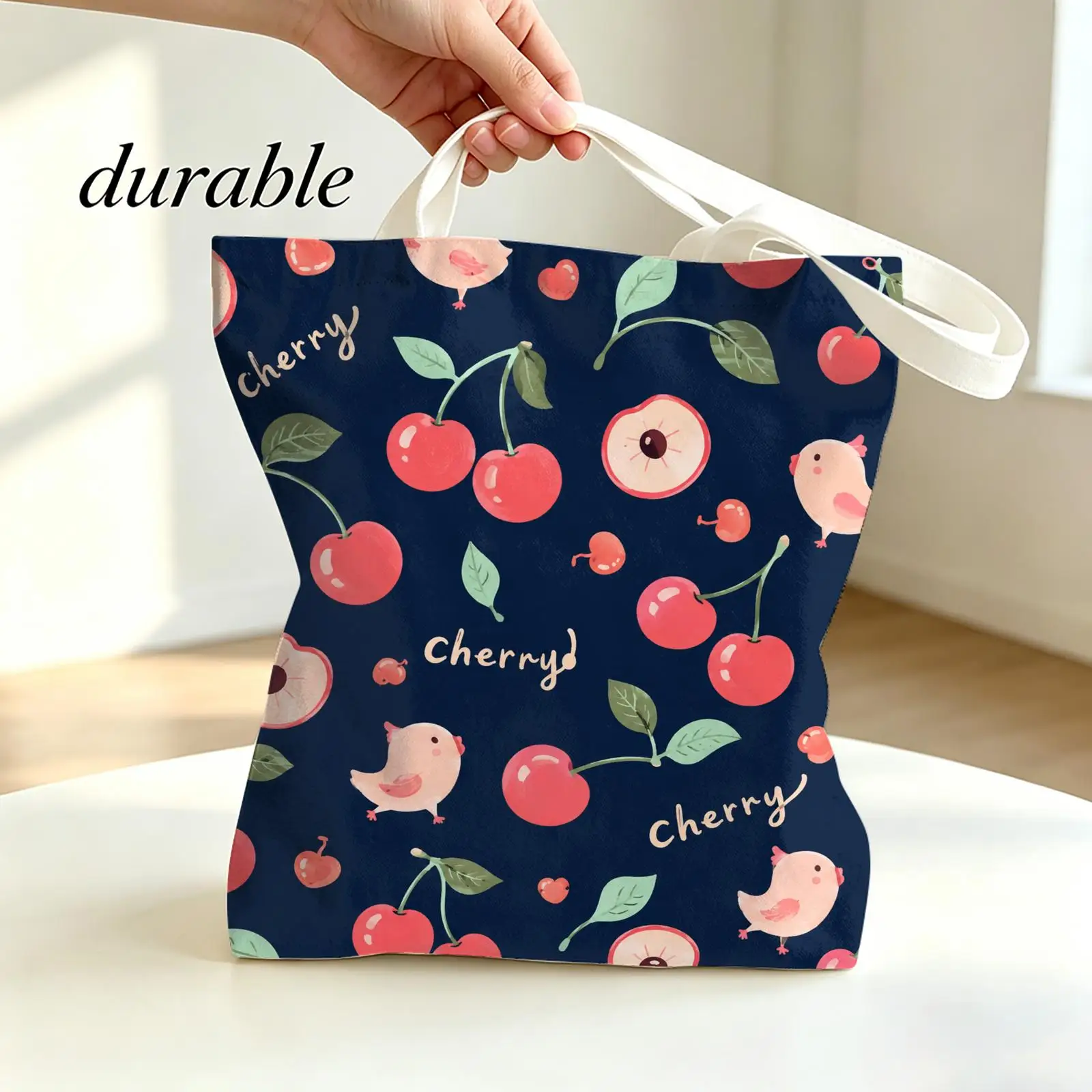 Sweet Cherry Fruit Print Storage Bags Canvas Tote Bag Double-Sided Print Lightweight Shoulder Travel Beach Bag Gift Eco