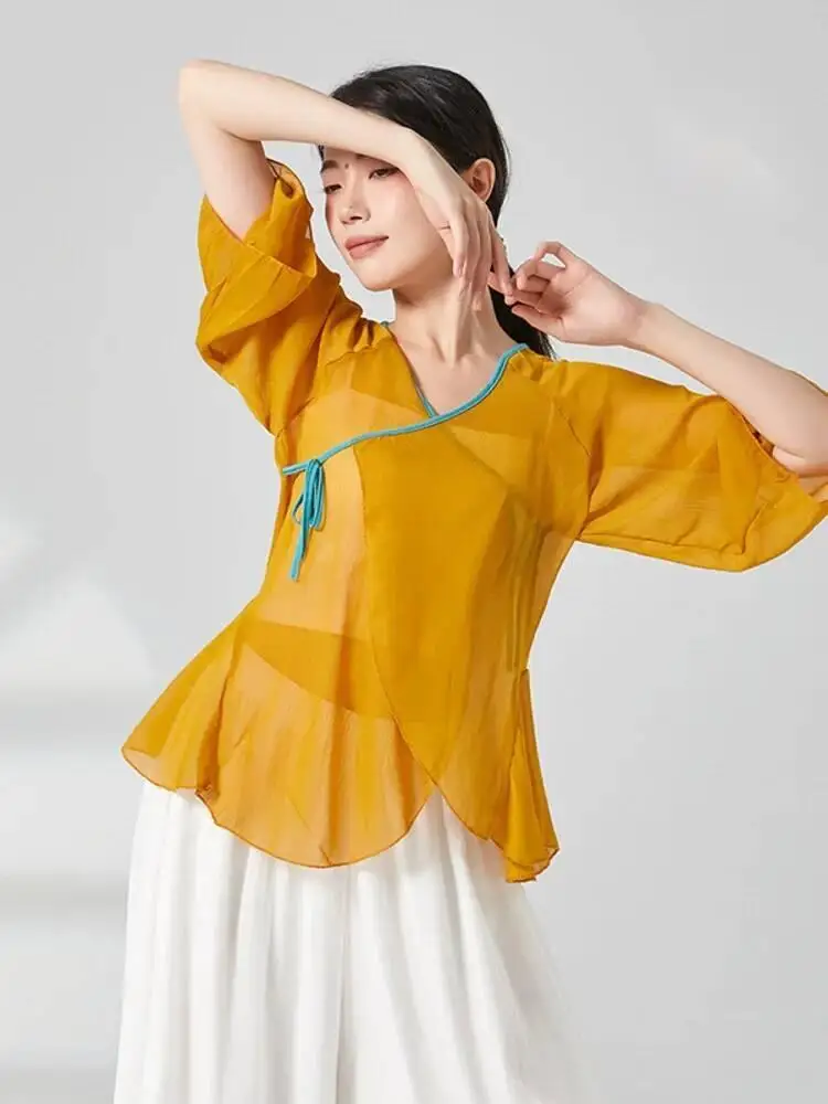 สีทึบ V คอตาข่ายสําหรับผู้หญิงกลางแขน SLIM FIT เสื้อเต้นรํา Modern Performance สวมใส่ร่วมสมัยซ้อมเครื่องแต่งกาย