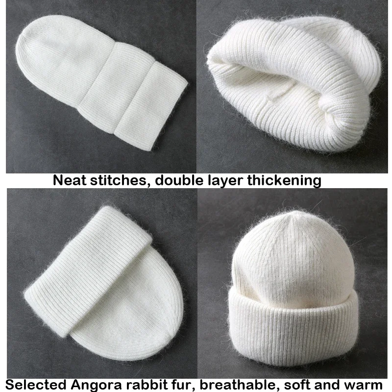 Winter Real Rabbit Fur Knitted Beanies For Women Fashion Solid Warm Cashmere Wool Skullies Beanies Female Three Fold Thick Hats