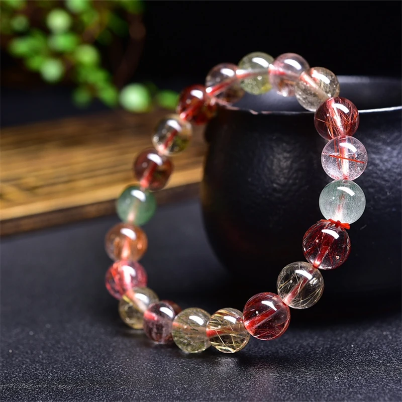 9MM Natural Colored Rutilated Quartz Bracelet Healing Crystal Beads Elastic Charm Bracelets for Women Energy Jewelry Gift