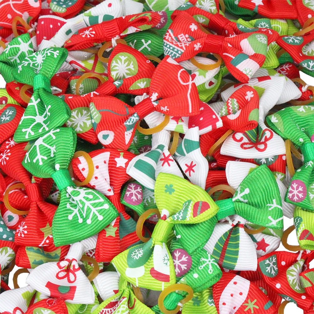 20pcs Christmas Dog Bows Samll Dog Hair Bows Rubber Bands Products Handmade Cute Grooming Holiday Party Pet Supplies Accessories