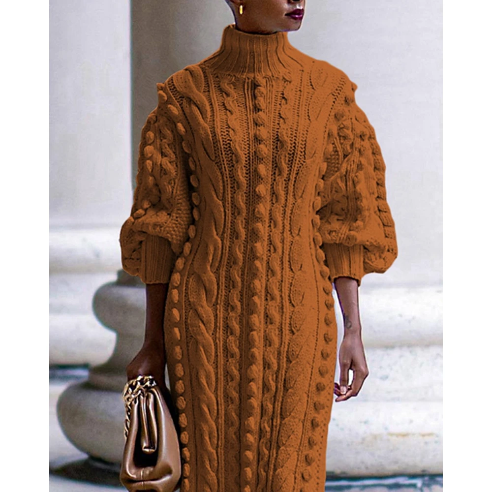 Women High Neck Twist Rope Lantern Sleeve High Side Slit Knitted Sweater Dress Winter Fashion Femme Solid Dress Elegant Clothing