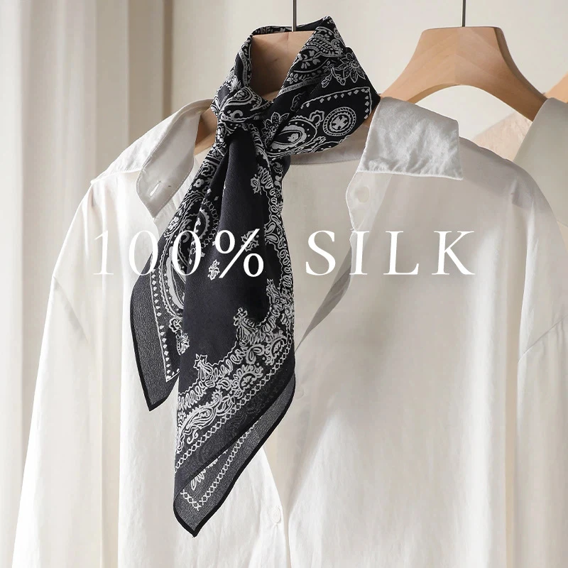 

2026 Luxury brand woman scarf silk scarf 100% silk headscarf vintage ethnic black Paisley print square scarf summer accessory