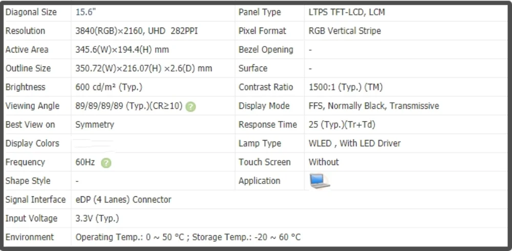 MNF601EA1-2 15.6 inch LCD Screen Laptop Display IPS Panel 4K UHD 3840x2160 60Hz Non-touch