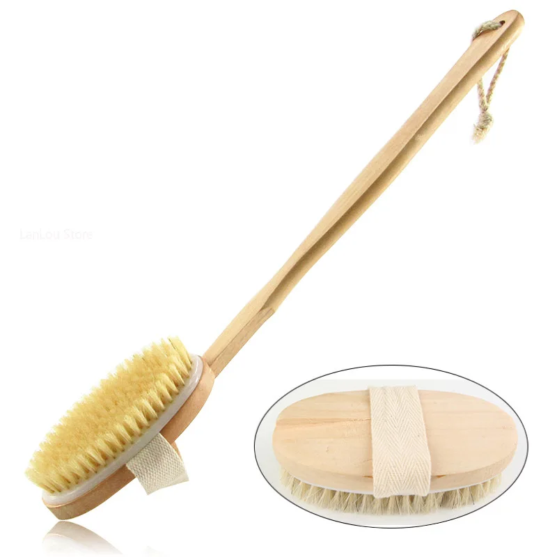 1Pc Wooden Detachable Long Handle Shower Body Brush Bathing Massage Back Body Exfoliating Brush Bathroom Wash Brush Bath Tools