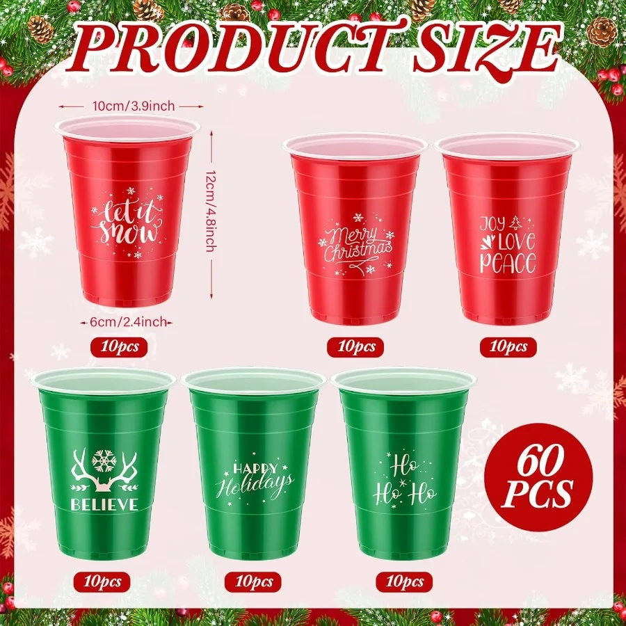 60 Pcs 16 oz Christmas Plastic Disposable Cups Bulk with Snowflake Elk Star Christmas Tree Designs for Holiday and Birthday Par