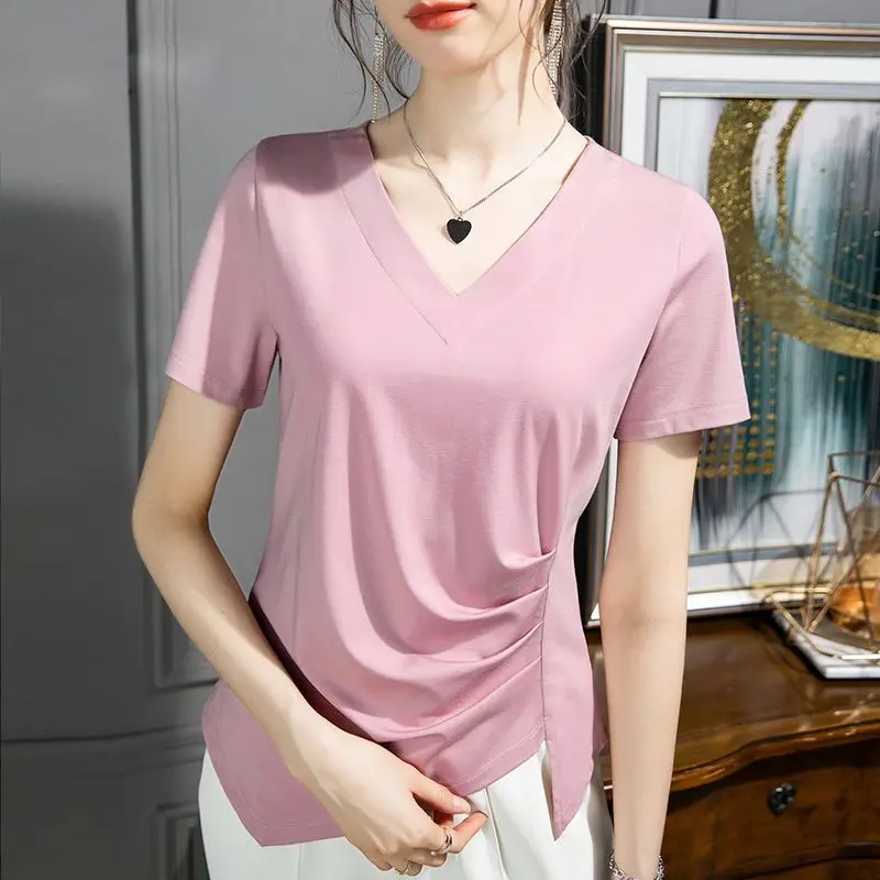 Stylish V-Neck Solid Color All-match Folds Irregular Blouse Women\'s Clothing 2023 Summer New Casual Pullovers Asymmetrical Shirt