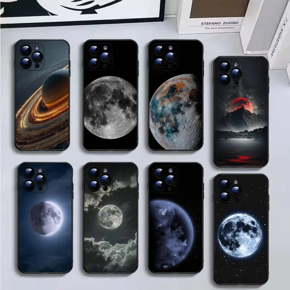 

Moon Galaxy Universe Phone Case For iPhone16,15,14,13,12,11 Plus,Pro Max,XS,X,XR,SE,Mini,8,7,Soft Black Cover